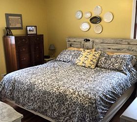 q ideas for redecorating a gray and yellow master bedroom, bedroom ideas, home decor, how to, painted furniture, painting, wall decor, window treatments, Bed and tall dresser Headboard is ASCP Old White