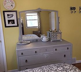 q ideas for redecorating a gray and yellow master bedroom, bedroom ideas, home decor, how to, painted furniture, painting, wall decor, window treatments, Mirror dresser ASCP Paris Grey