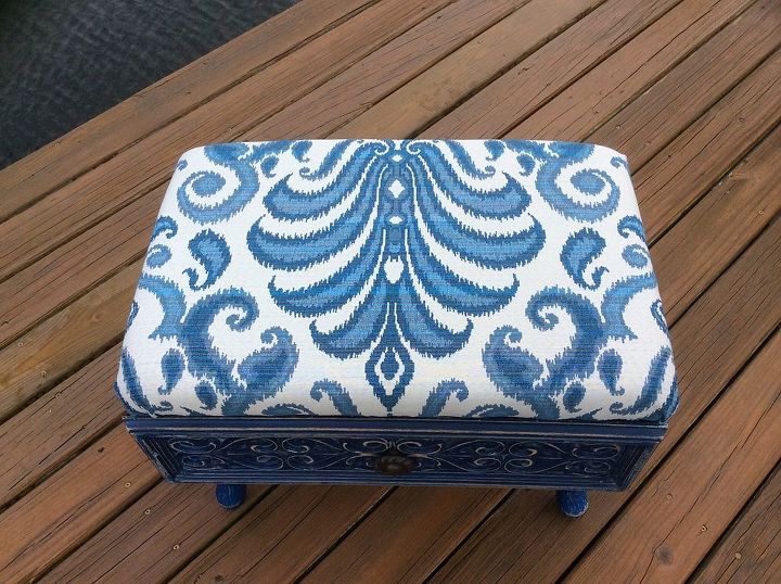 repurposed drawer to vintage blue ottoman, painted furniture, repurposing upcycling, reupholster