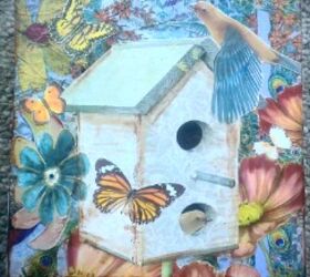 mixed media on artist panel, crafts, decoupage, wall decor, Butterfly On Birdhouse