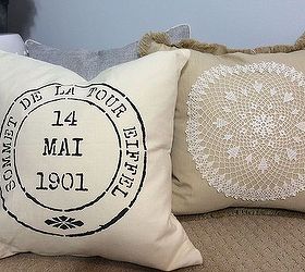 custom pillows using doilies and stencils, crafts, how to, repurposing upcycling, reupholster