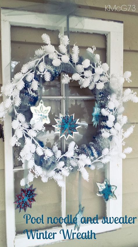 winter wreath from a pool noodle and sweater, repurposing upcycling, seasonal holiday decor, wreaths