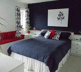 bedroom makeover in navy blue white and red, bedroom ideas, painting, reupholster, window treatments