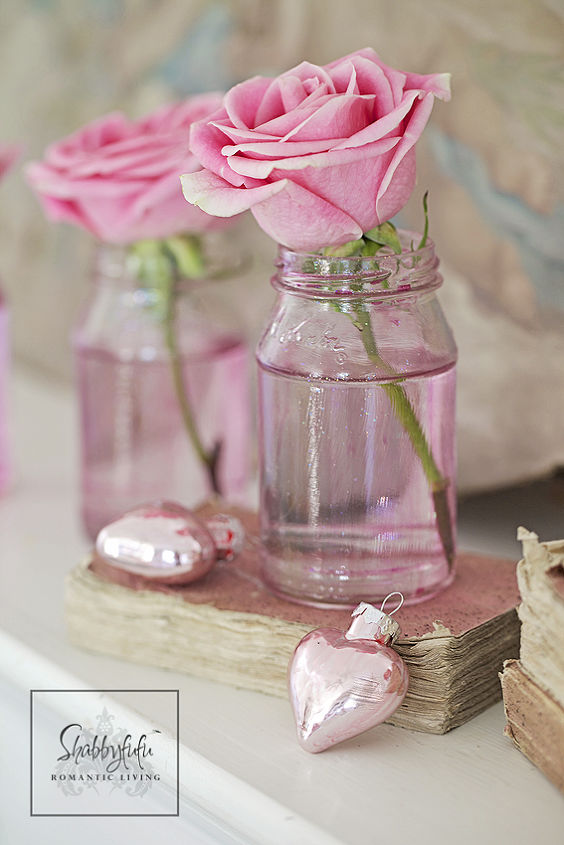 styling a romantic living for valentine s day, crafts, living room ideas, seasonal holiday decor, shabby chic, valentines day ideas, Painted pink left over jars