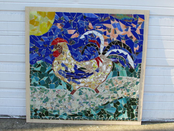 left over broken glass mosaic art piece, crafts, how to, tiling, My rooster piece