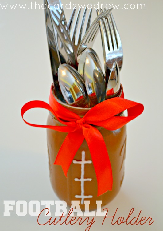 mason jar football cutlery holder, crafts, mason jars, repurposing upcycling, seasonal holiday decor