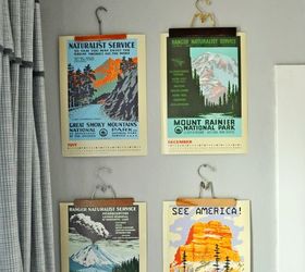 vintage travel posters hung with antique hangers, repurposing upcycling, wall decor