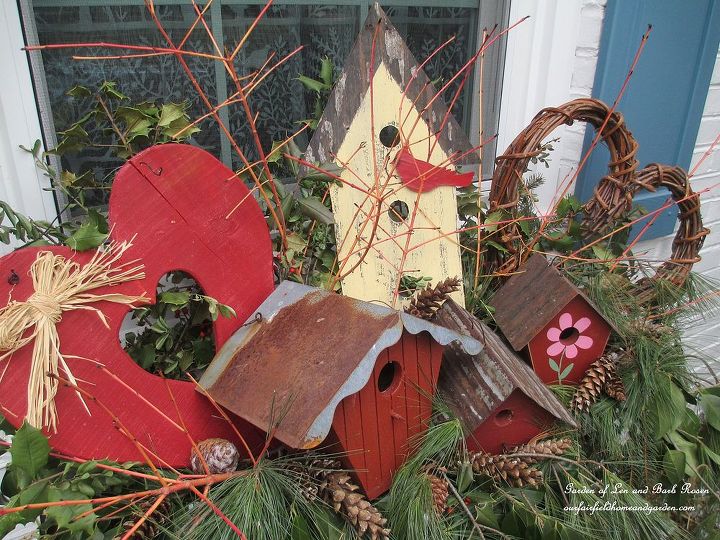 valentine s day windowboxes with a birdhouse theme, crafts, outdoor living, seasonal holiday decor, valentines day ideas, Valentine s Day Windowboxes
