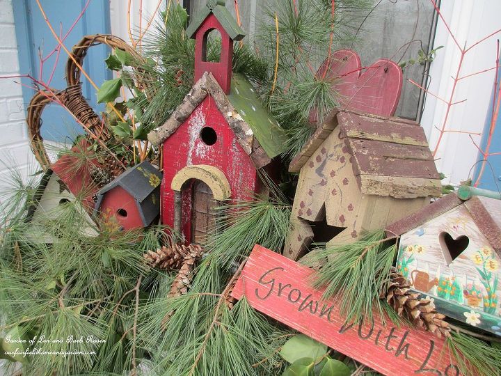 valentine s day windowboxes with a birdhouse theme, crafts, outdoor living, seasonal holiday decor, valentines day ideas, Valentine s Day Windowboxes