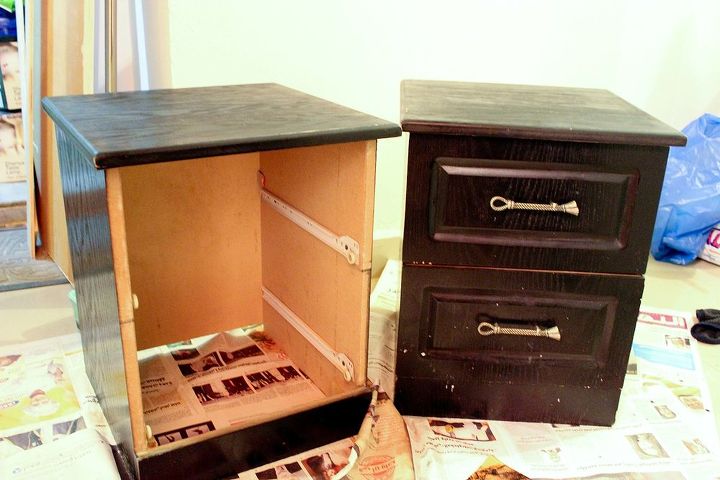 upcycled nightstands decorated with old dvds, crafts, painted furniture, repurposing upcycling
