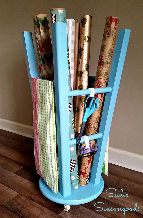 upcycled kitchen stool gift wrap caddy, crafts, organizing, repurposing upcycling, storage ideas