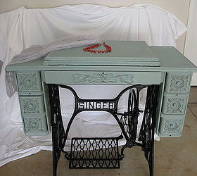 singer treadle sewing machine cabinet gets a makeover in duck egg blue, Dressed for its photo debut Necklace scarf