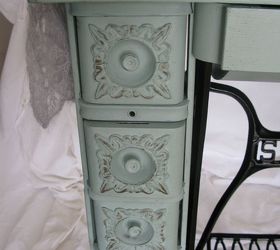 singer treadle sewing machine cabinet gets a makeover in duck egg blue, Some light distressing to hilite the detail