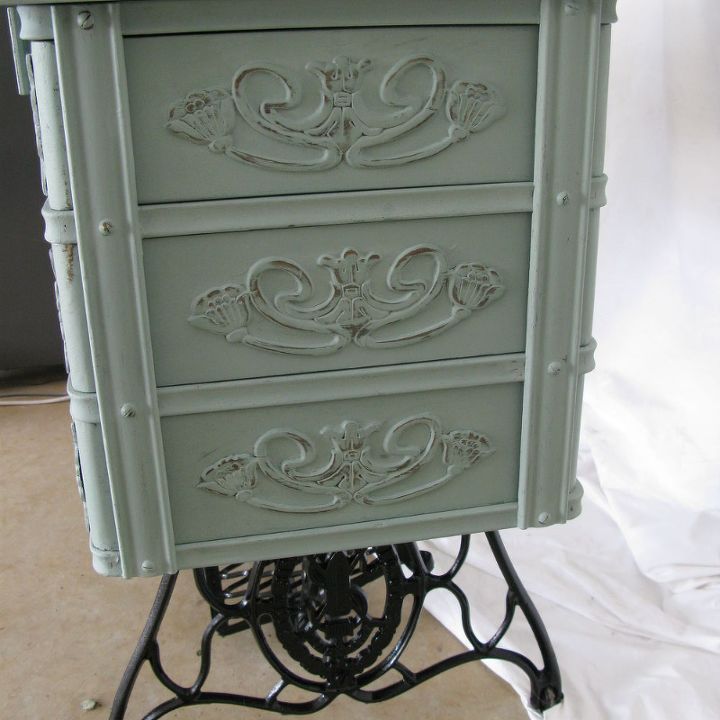 singer treadle sewing machine cabinet gets a makeover in duck egg blue