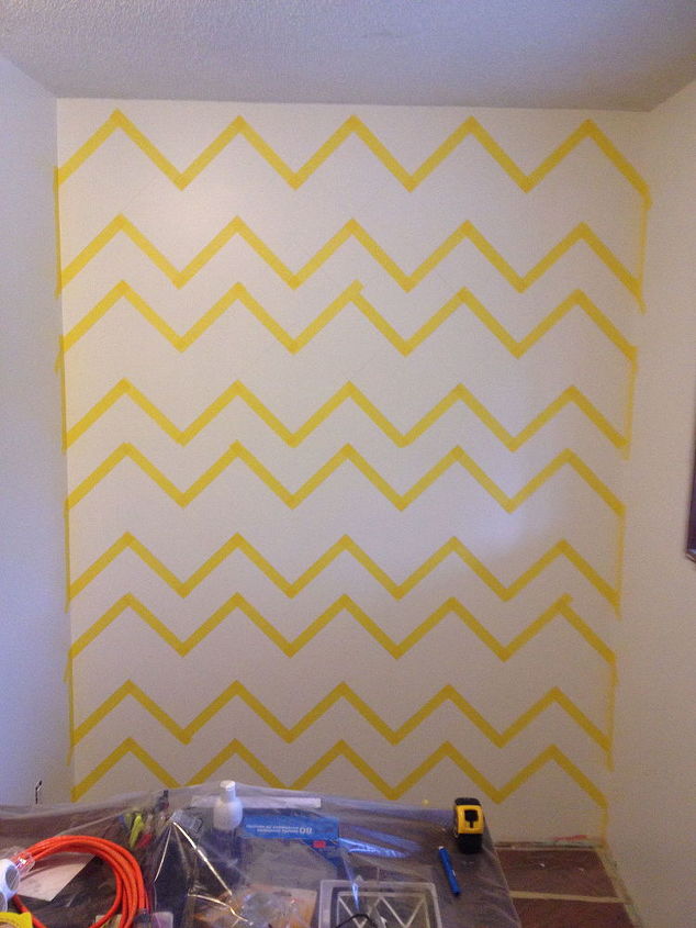 home office w chevron wall and custom shelves, home office, painting, shelving ideas, wall decor