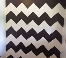 home office w chevron wall and custom shelves, home office, painting, shelving ideas, wall decor