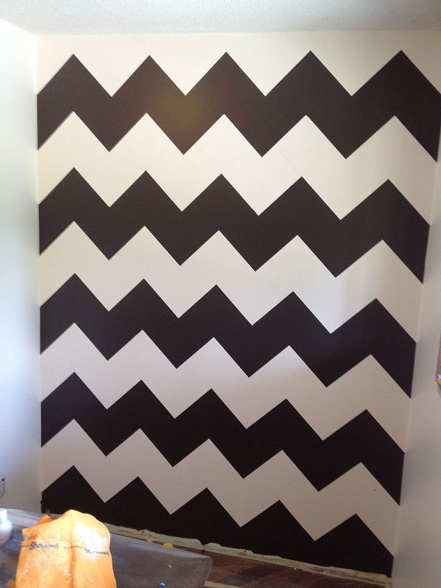home office w chevron wall and custom shelves, home office, painting, shelving ideas, wall decor