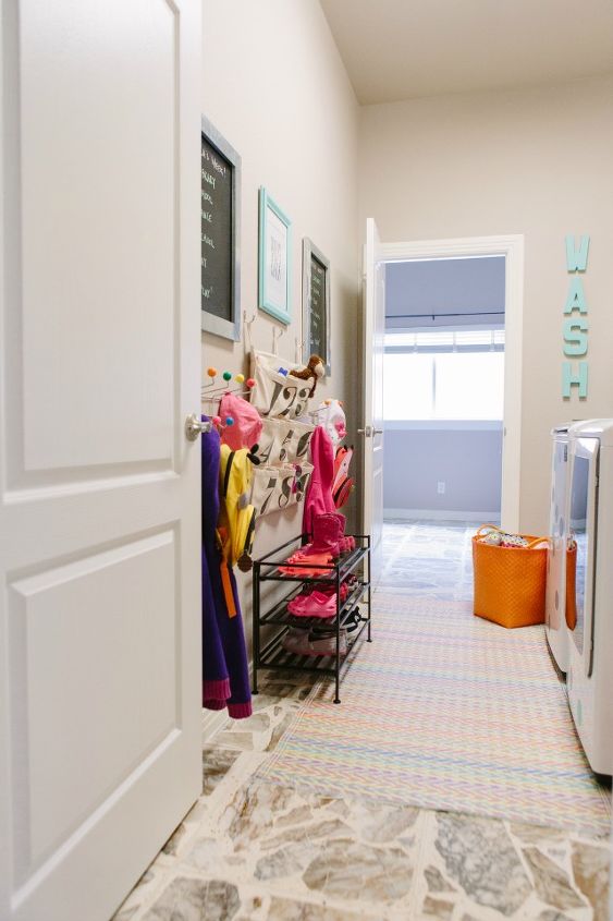 colorful laundry mud room makeover, foyer, laundry rooms, organizing