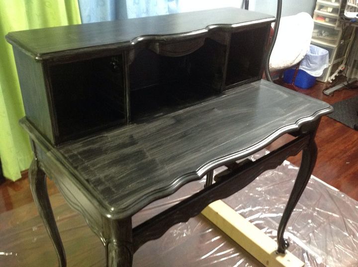 what every well dressed woman needs is a little black desk, painted furniture, reupholster, Yikes