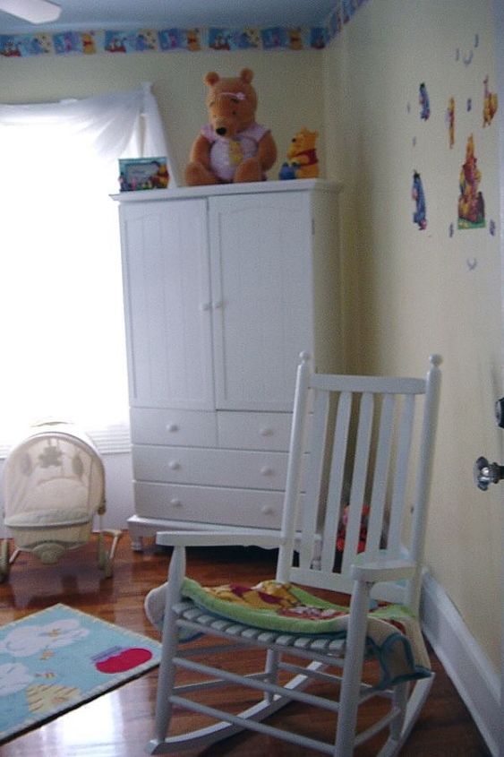 winnie the pooh nursery, bedroom ideas, painted furniture, shelving ideas, wall decor