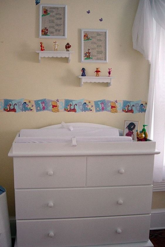 winnie the pooh nursery, bedroom ideas, painted furniture, shelving ideas, wall decor