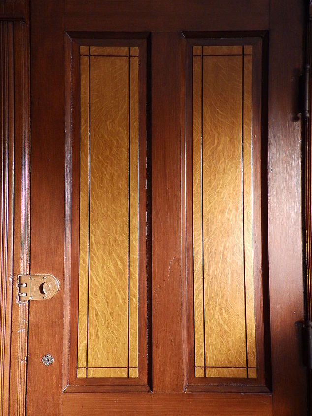 victorian dinning room painting faux wood grain doors trim, Porch door panels lightened with drying