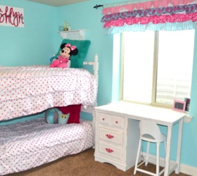 hot pink and turquoise girls bedroom makeover, bedroom ideas, White Bunkbeds with Desk and pink handles