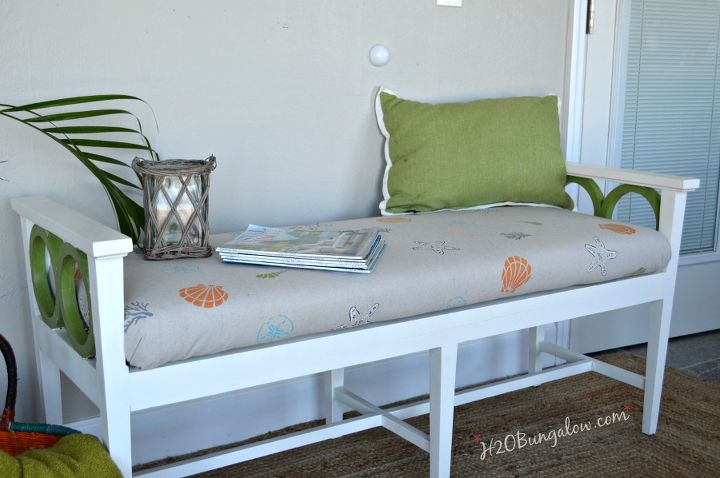 coastal stenciled upholstered bench, painted furniture, reupholster