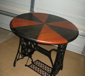 rusty singer sewing frame turned into round timber and cast iron table, painted furniture, repurposing upcycling
