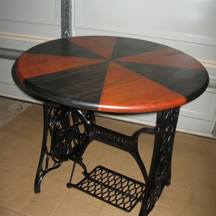 rusty singer sewing frame turned into round timber and cast iron table, painted furniture, repurposing upcycling, After
