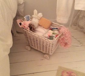 q one dead spot in attic filled with a pram but not what i want, bedroom ideas, shabby chic, Wicker basket for toiletries just added wheels