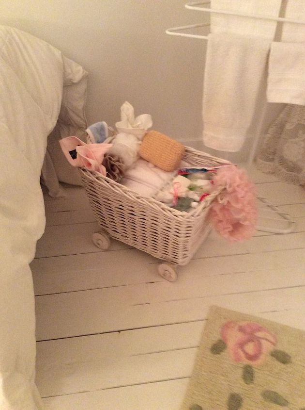 q one dead spot in attic filled with a pram but not what i want, bedroom ideas, shabby chic, Wicker basket for toiletries just added wheels