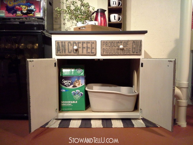 coffee sack covered cabinet, chalk paint, decoupage, painted furniture, repurposing upcycling