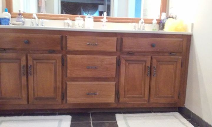 q help with bathroom cabinet color, bathroom ideas, home improvement, painted furniture, painting, Current cabinet finish outdated