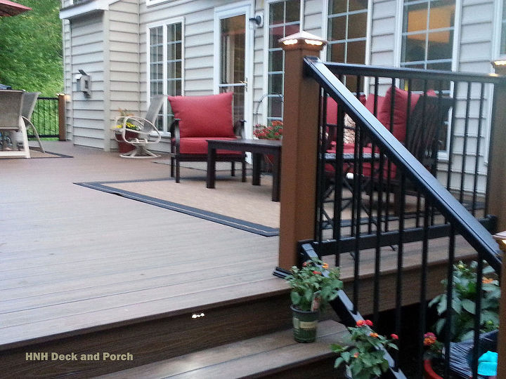 low maintenance decks, decks, outdoor furniture, outdoor living, Composite deck using Trex Transcend spicerum flooring tree house posts and Superior black railing and balusters