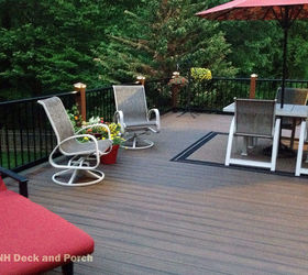 low maintenance decks, decks, outdoor furniture, outdoor living, Composite deck using Trex Transcend spicerum flooring tree house posts and Superior Plastic black railing and balusters