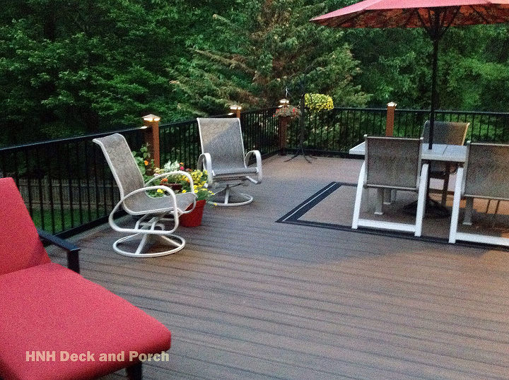 low maintenance decks, decks, outdoor furniture, outdoor living, Composite deck using Trex Transcend spicerum flooring tree house posts and Superior Plastic black railing and balusters