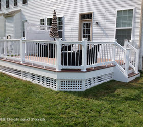 low maintenance decks, decks, outdoor furniture, outdoor living, Vinyl deck with Wolf Amberwood flooring Longevity white PVC railing lattice and 6 privacy panel