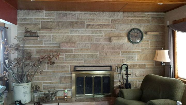 updating a stone fireplace wall, Note the wood ceiling