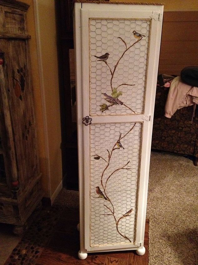 re done cabinet, painted furniture, repurposing upcycling, Added chicken wire and rope to cover edges