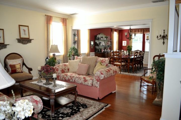 what color to paint above the kitchen cabinets, this is the soft yellow one day hoping to add blue into this room as well along with the dinning room will need to recover the sofas for sure