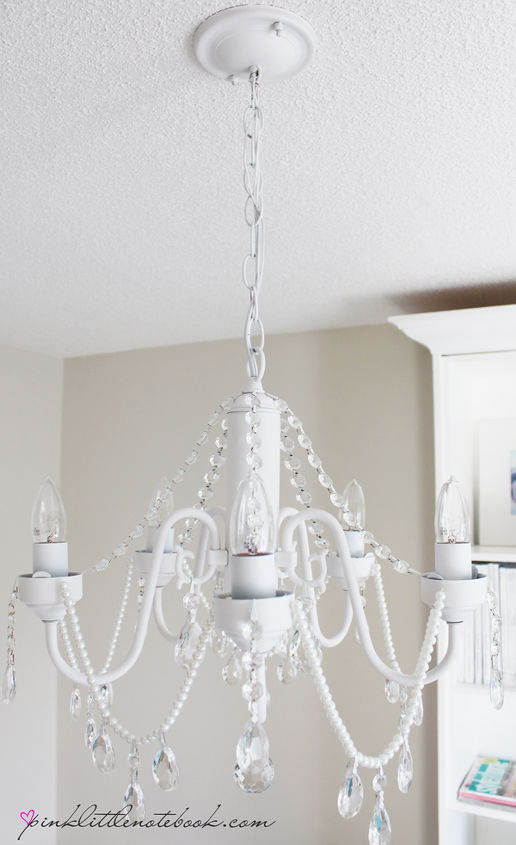 diy before and after white chandelier with crystals and pearls, lighting, painting