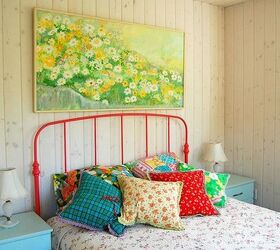 mismatched floral bedding, bedroom ideas, reupholster