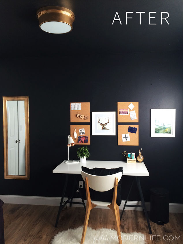black white gold office makeover, home office, lighting, painting, wall decor