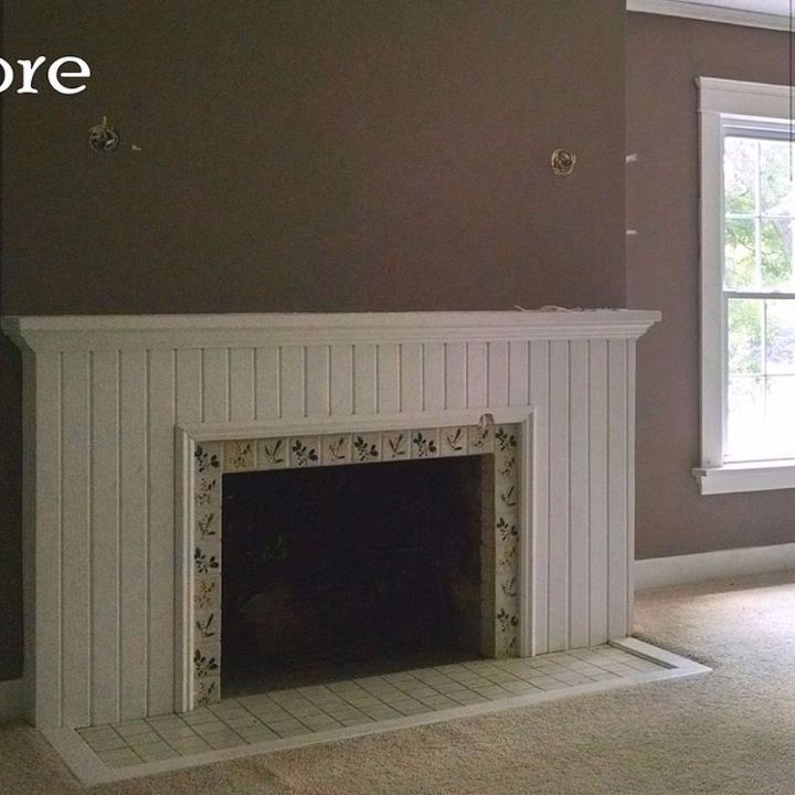 shabby chic fireplace mantel with painted tiles, fireplaces mantels, painting, shabby chic, tiling