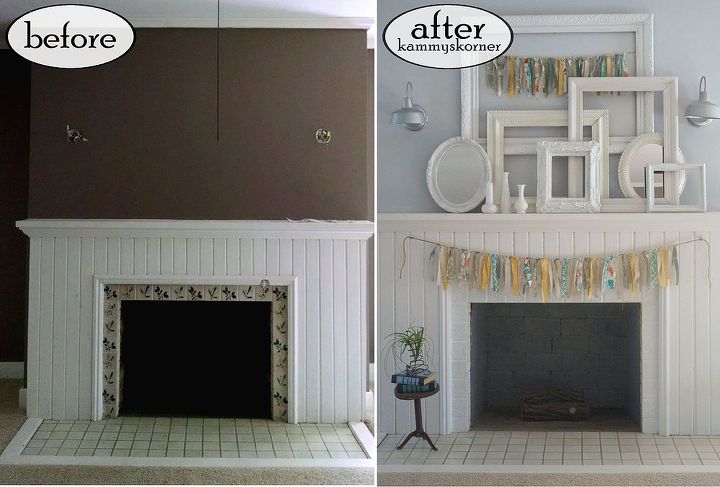 shabby chic fireplace mantel with painted tiles, fireplaces mantels, painting, shabby chic, tiling