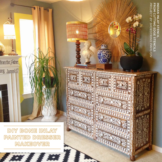use stencils to recreate an anthropologie bone inlay dresser, painted furniture, repurposing upcycling