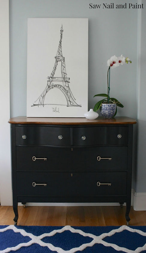 black dresser with vintage inspired key pulls, painted furniture, repurposing upcycling