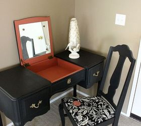 coral and black painted french provincial vanity, painted furniture, repurposing upcycling, reupholster