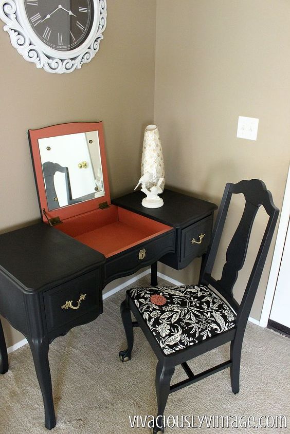 coral and black painted french provincial vanity, painted furniture, repurposing upcycling, reupholster